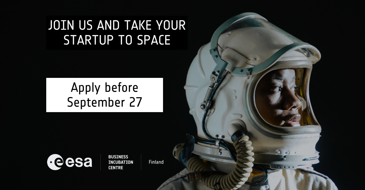 Promotional image fopr ESA BIC Finalnd's open call. Astronaut head on the right, woman looking towards the right